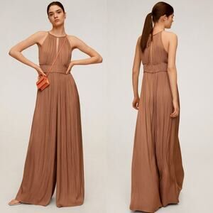 Mango Flowy Wide Leg Halter Jumpsuit With Pleated Details in Copper Size Large